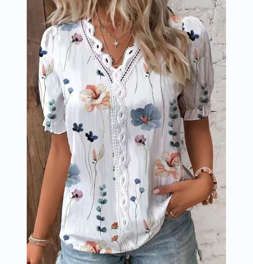 Womens Vintage Floral Lace V Neck T Shirt Comfortable Slim Fit Short Sleeve Summer Casual Wear Ready to Ship
