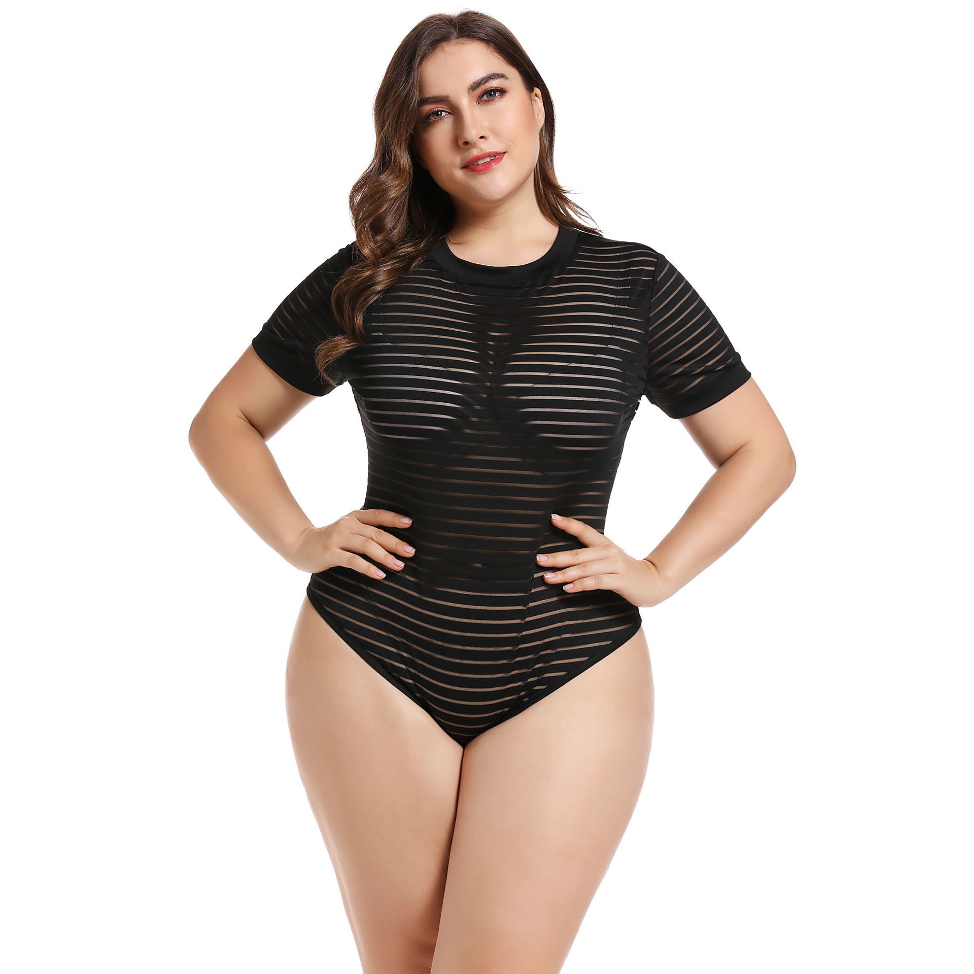 Plus Size Womens Sheer Beach Jumpsuit Round Neck Short Sleeve Fashionable Design Perfect for Summer Outings