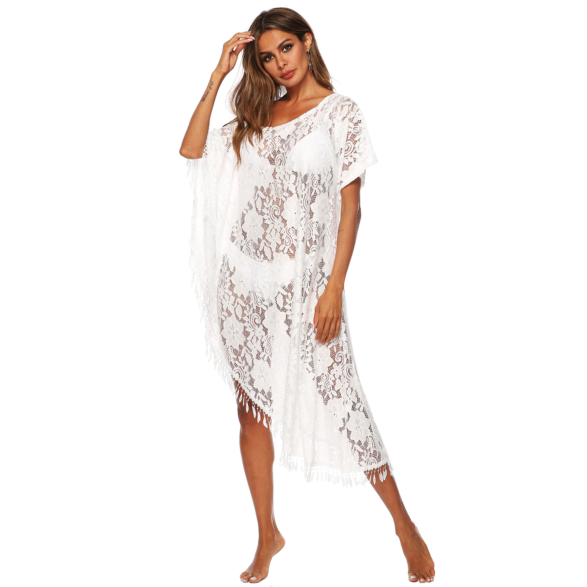 Lace Tassel Off Shoulder Dress Solid Color Asymmetrical Hem One Shoulder Design Beachwear for Summer Wholesale