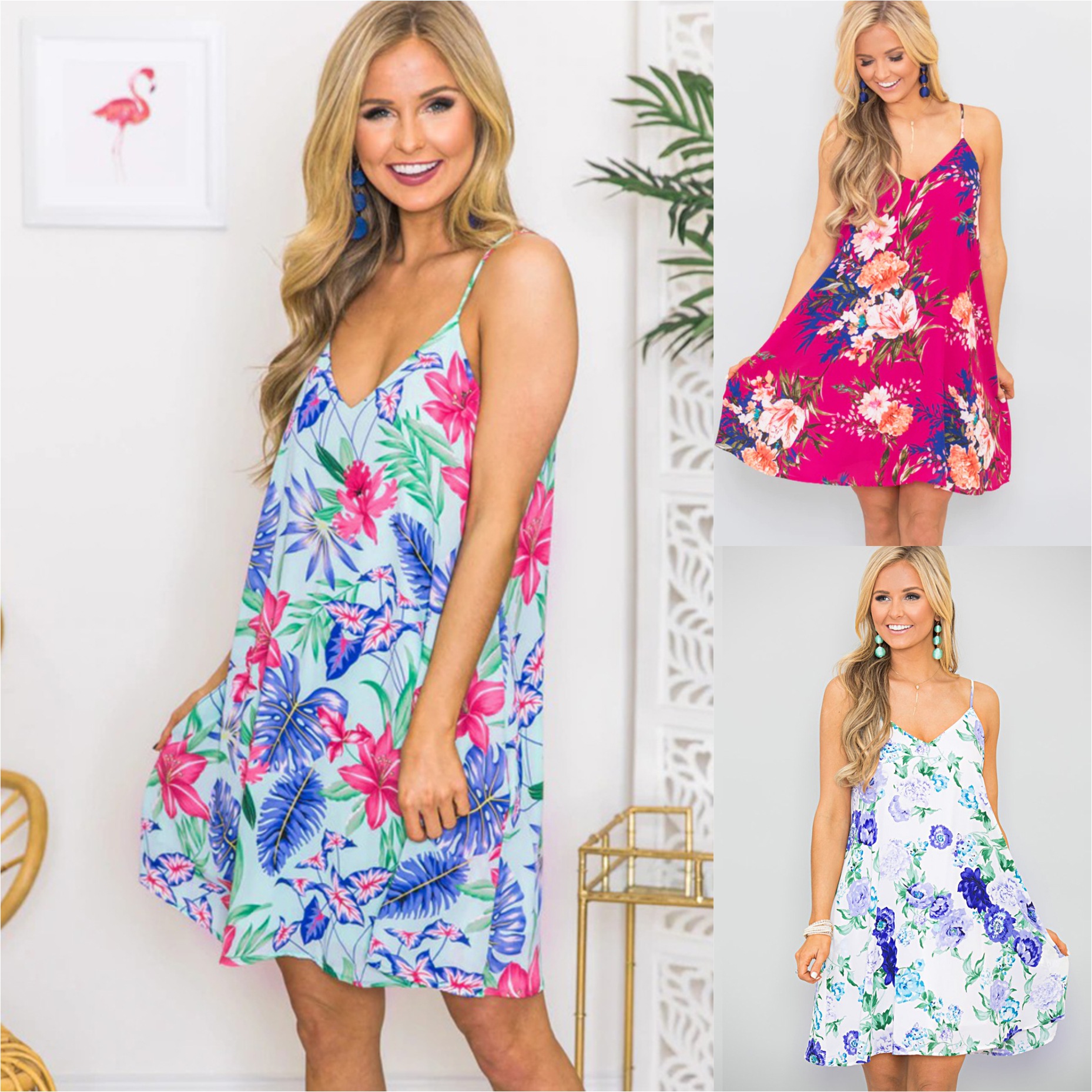 Womens Floral Print Beach Dress Sexy Spaghetti Strap Lightweight Fabric Summer Style Wholesale Available