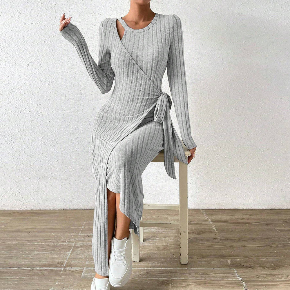 Knitted Grey Dress Irregular Hem Long Silhouette Autumn Winter Style Wholesale Womens Fashion Apparel