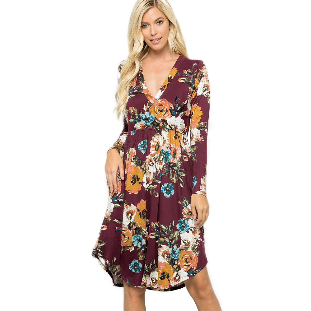 Floral Print Midi Dress V Neck Long Sleeve Lightweight Fabric Spring Summer Fashion for Women Wholesale Available