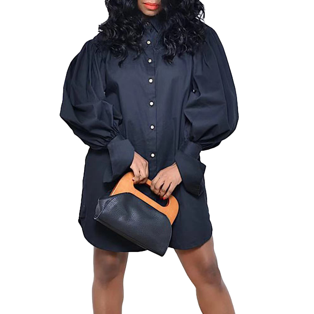 Plus Size Women's Casual Long Sleeve Shirt Dress — Loose Fit, Solid Color, Puff Sleeve — Everyday Wear — Wholesale Supply
