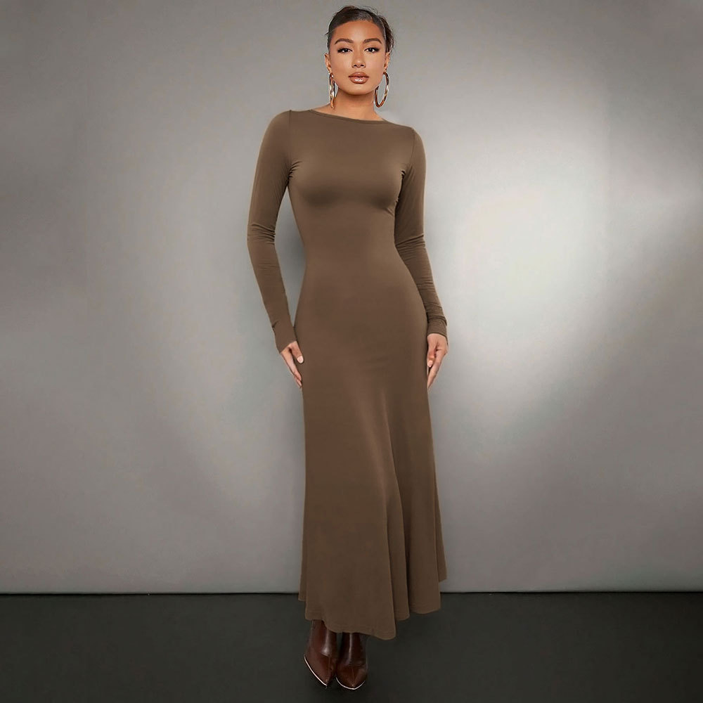 Solid Color Long Sleeve Dress Tight Fishtail Dress Off Shoulder Slim Fit Midi Dress