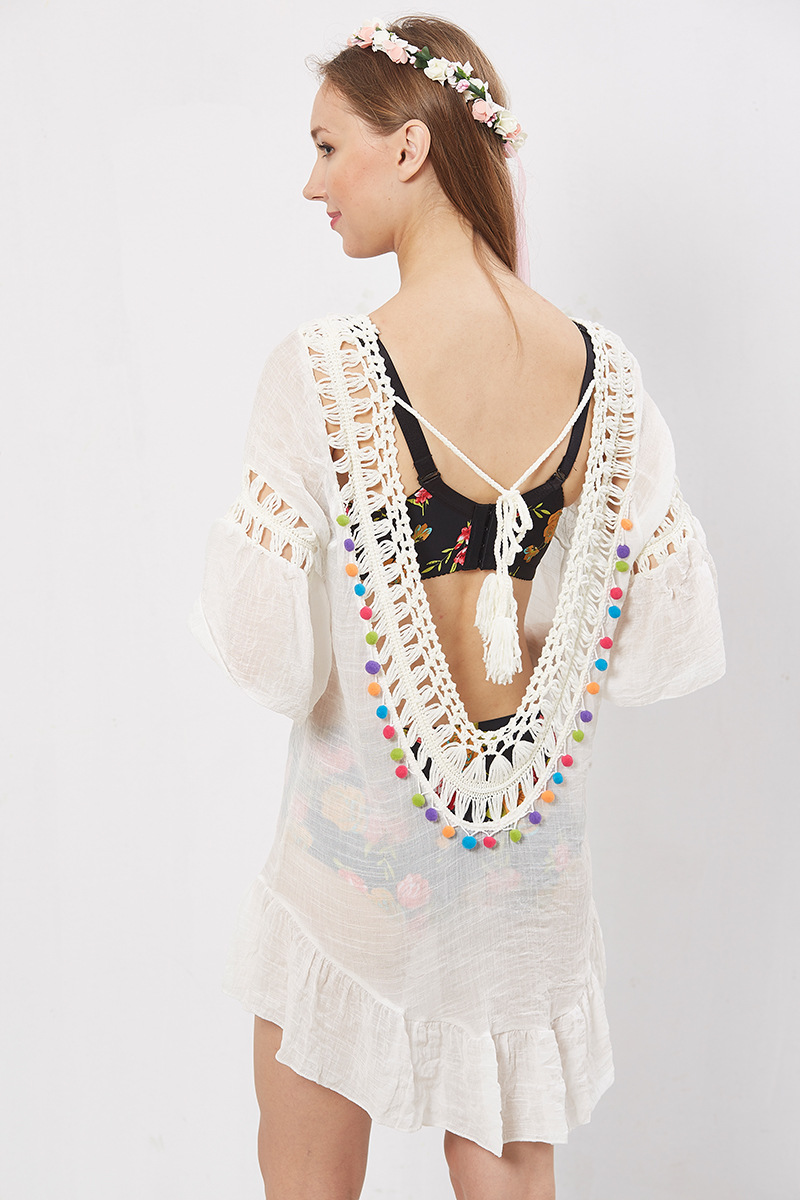 New Arrival Sexy Hollow U Back Tie Beach Bikini — Hand Crochet Cover Up, Colorful Ball Tassels, Comfortable Fit — Summer Swimw
