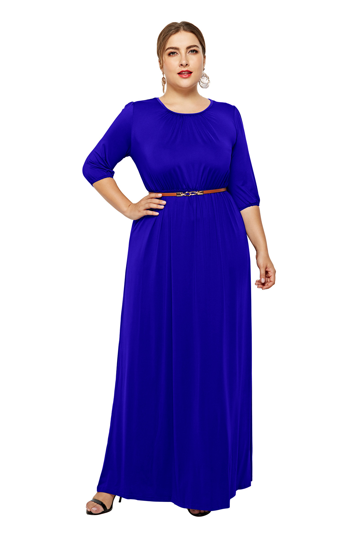Plus Size Sexy Round Neck Dress Elegant Evening Gown with Belt Perfect for Parties and Special Occasions Wholesale