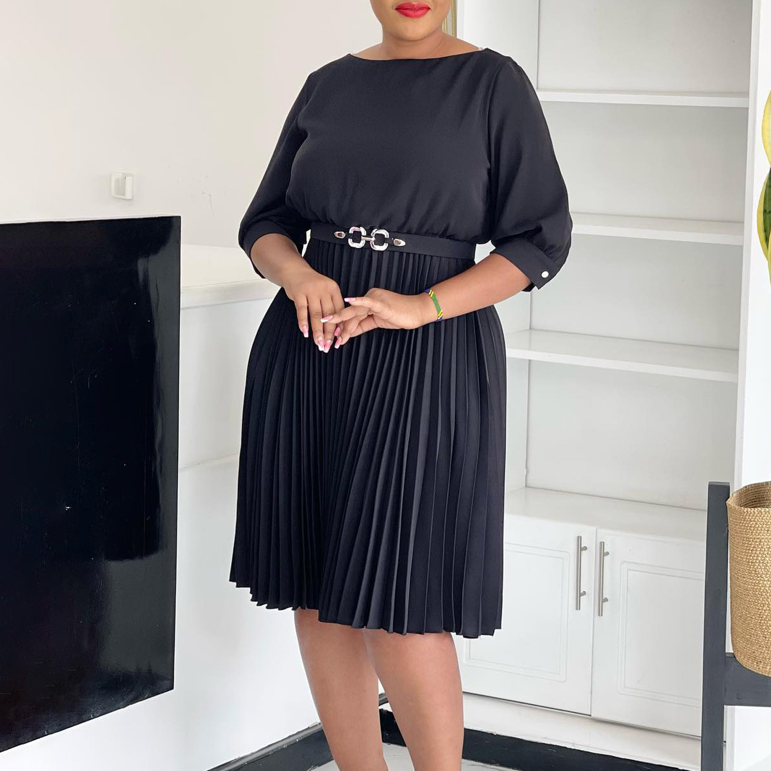 Elegant Women's Dress with Round Neck and Three Quarter Sleeves, Pleated Design, Fashionable African Style for Cross Border Tr