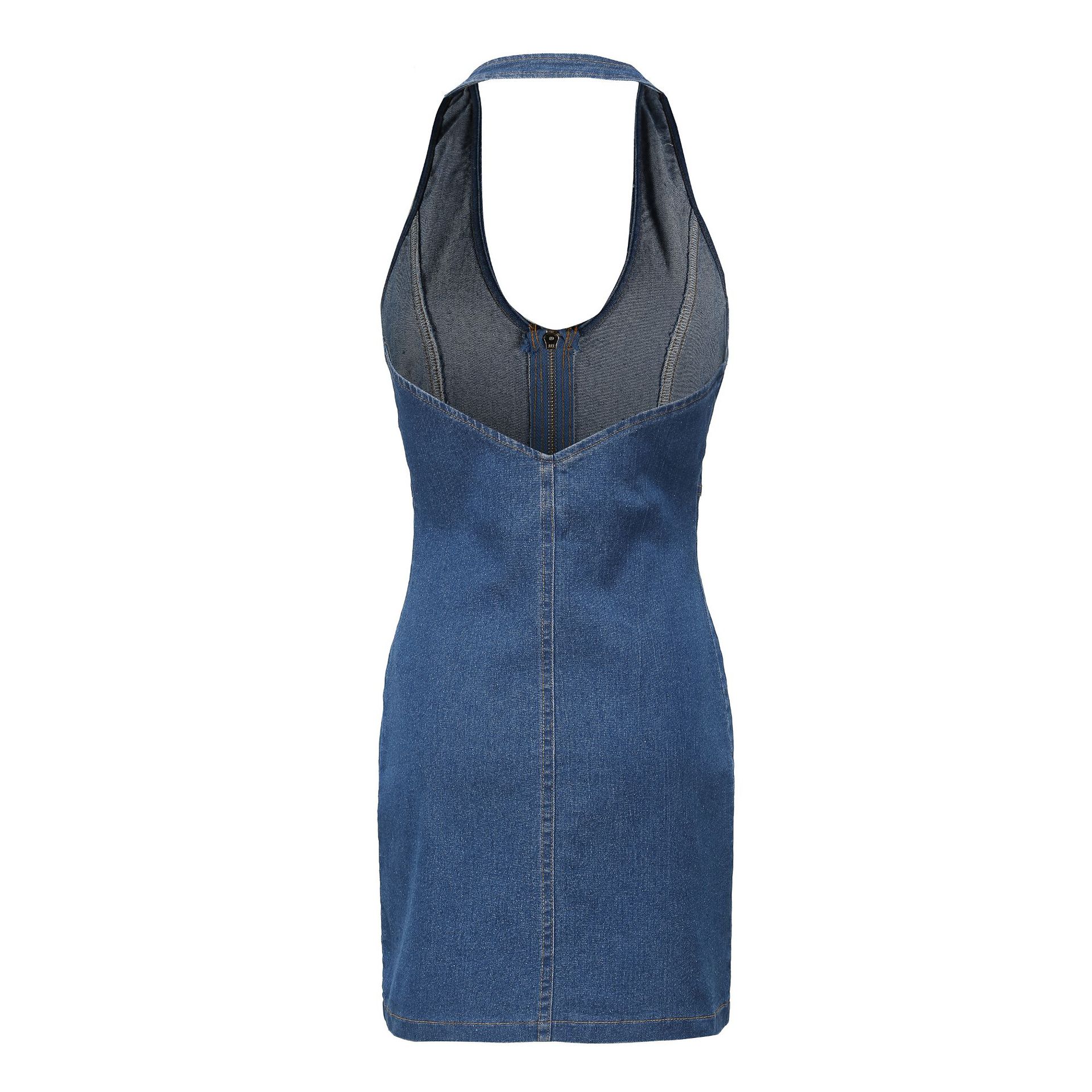 Slim Fit Denim Bodycon Dress Sexy Halter Neck Comfortable Fabric Stylish Design Perfect for Parties and Night Out