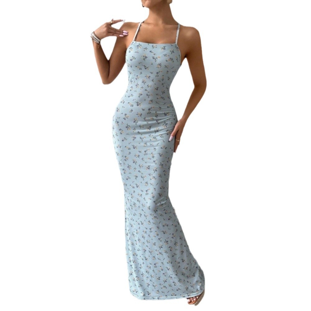 Spring Summer New Cross border Women's Sweet Floral Spaghetti Strap Dress Halter Backless Slim Long Dress