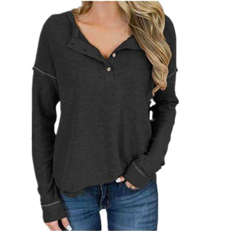 Waffle Knit Long Sleeve T Shirt for Women V Neck Button Detail Casual Style Wholesale Available
