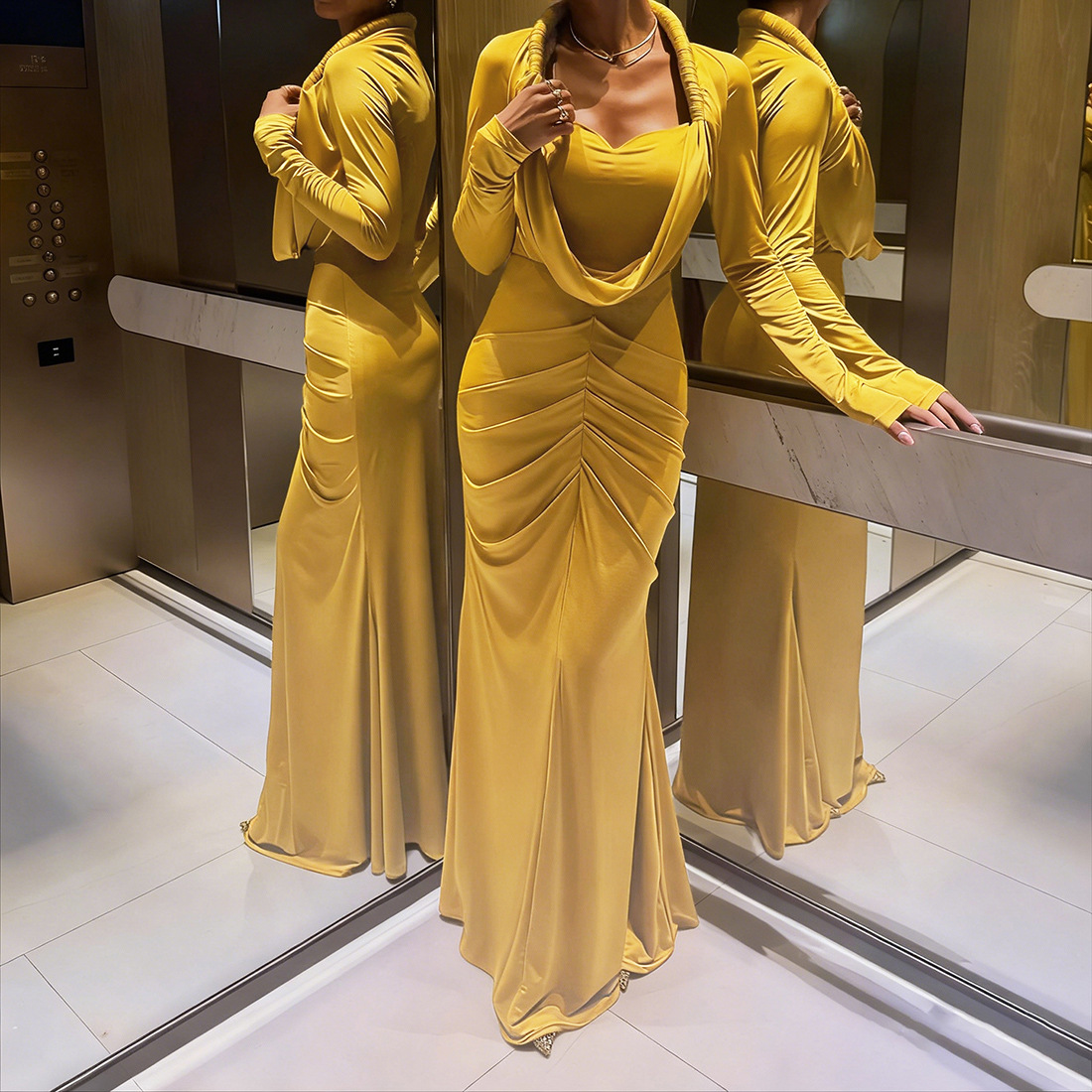 European and American Cross border New Autumn and Winter Women's Fashion Elegant High Neck Solid Color Slim Long Dress