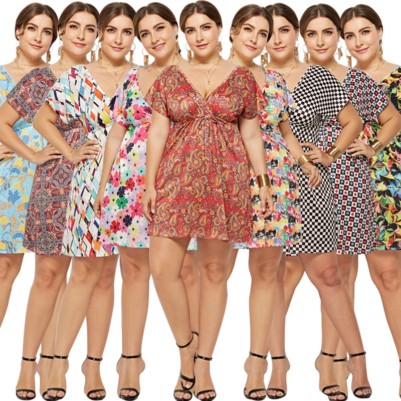 Plus Size V Neck Digital Print Dress Beachwear Vacation Style Comfortable Fit Wholesale Available