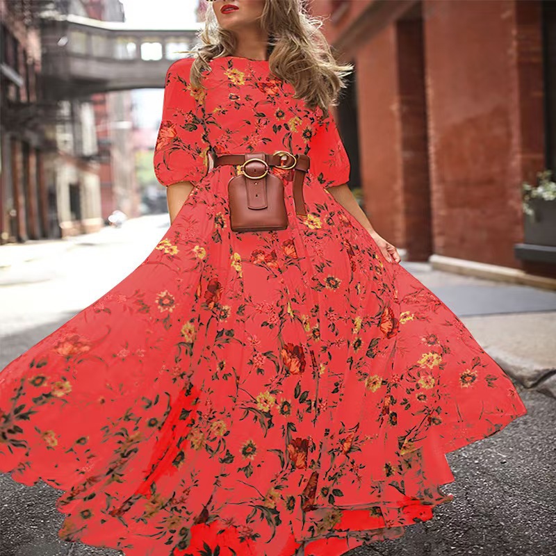 Printed Long Dress European and American Foreign Trade French Commuter Style Vintage Flared Round Neck Floral Dress