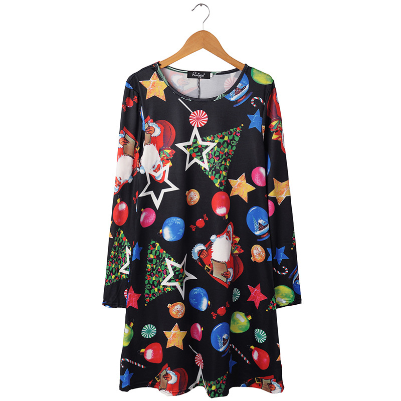 Long Sleeve Christmas Dress Floral Print Mid Waist Elegant Design Autumn Winter Fashion for Women Wholesale