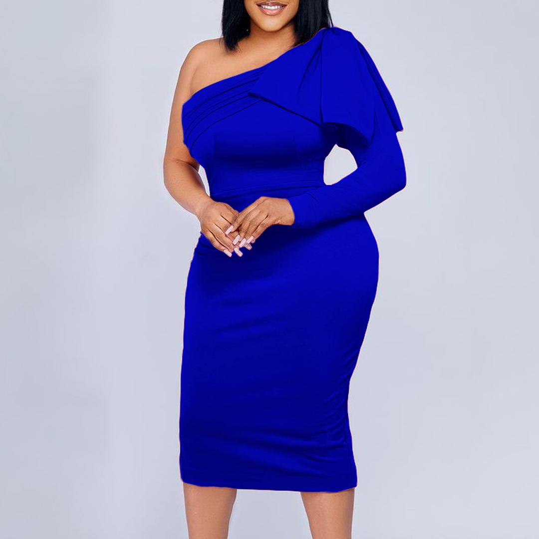 Plus Size Women's Dress — New Arrival, Asymmetrical Neckline, Solid Color, Fashionable, Bodycon Style — Casual Wear — Wholesal