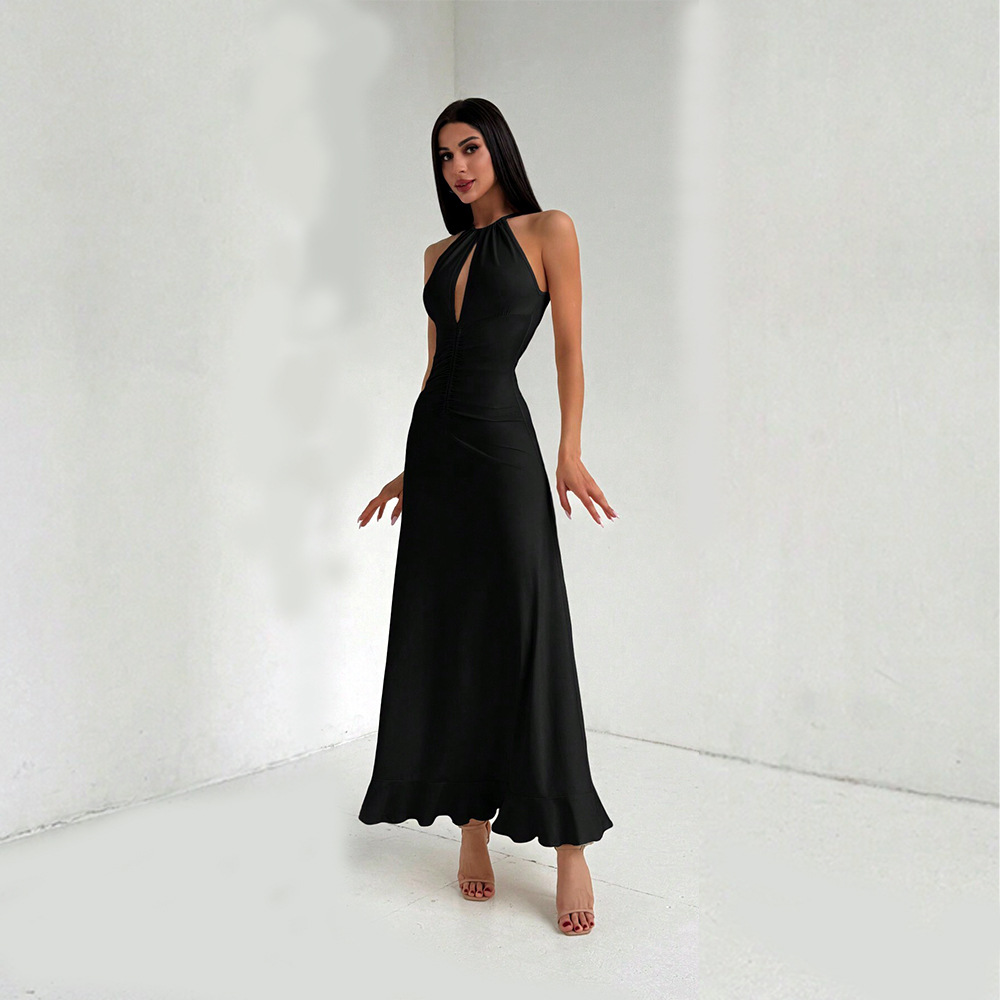 V neck Sleeveless Halter Dress Summer New Elegant Style Long Dress for Women