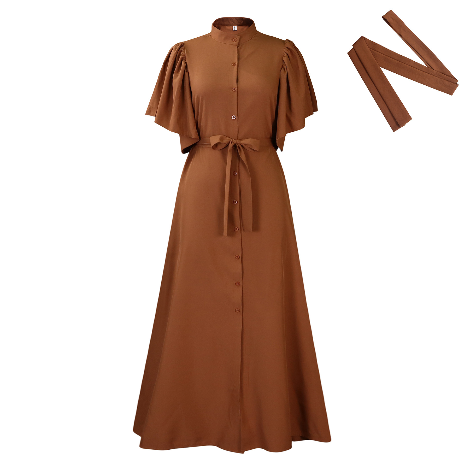 Summer Fashion Loose Long Dress with Belt, Single Breasted Design, Flared Sleeves, Casual Style for Women, Wholesale Clothing