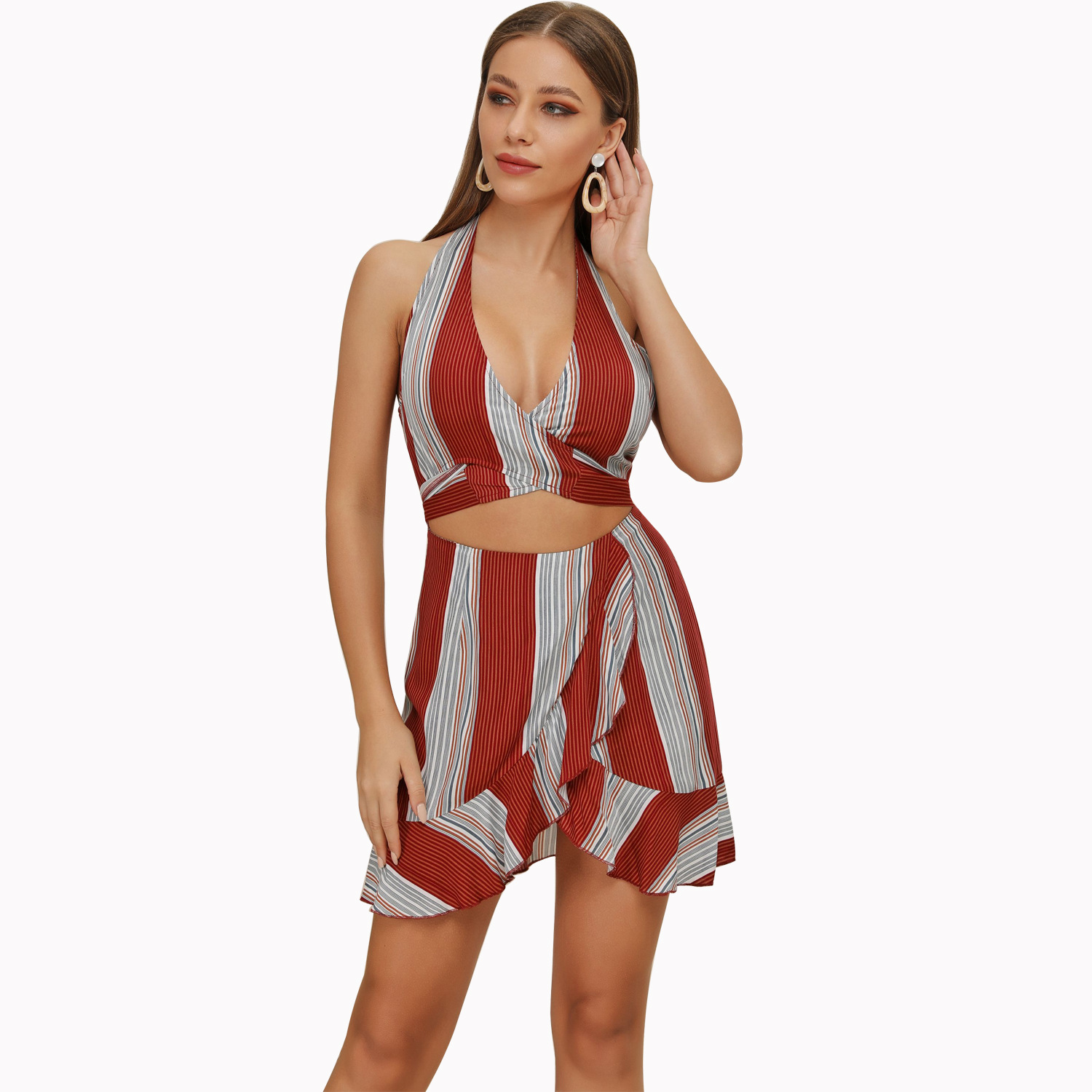 Striped Ruffle Hem Halter Neck Dress Irregular Design Lightweight Fabric Summer Wear Wholesale Available