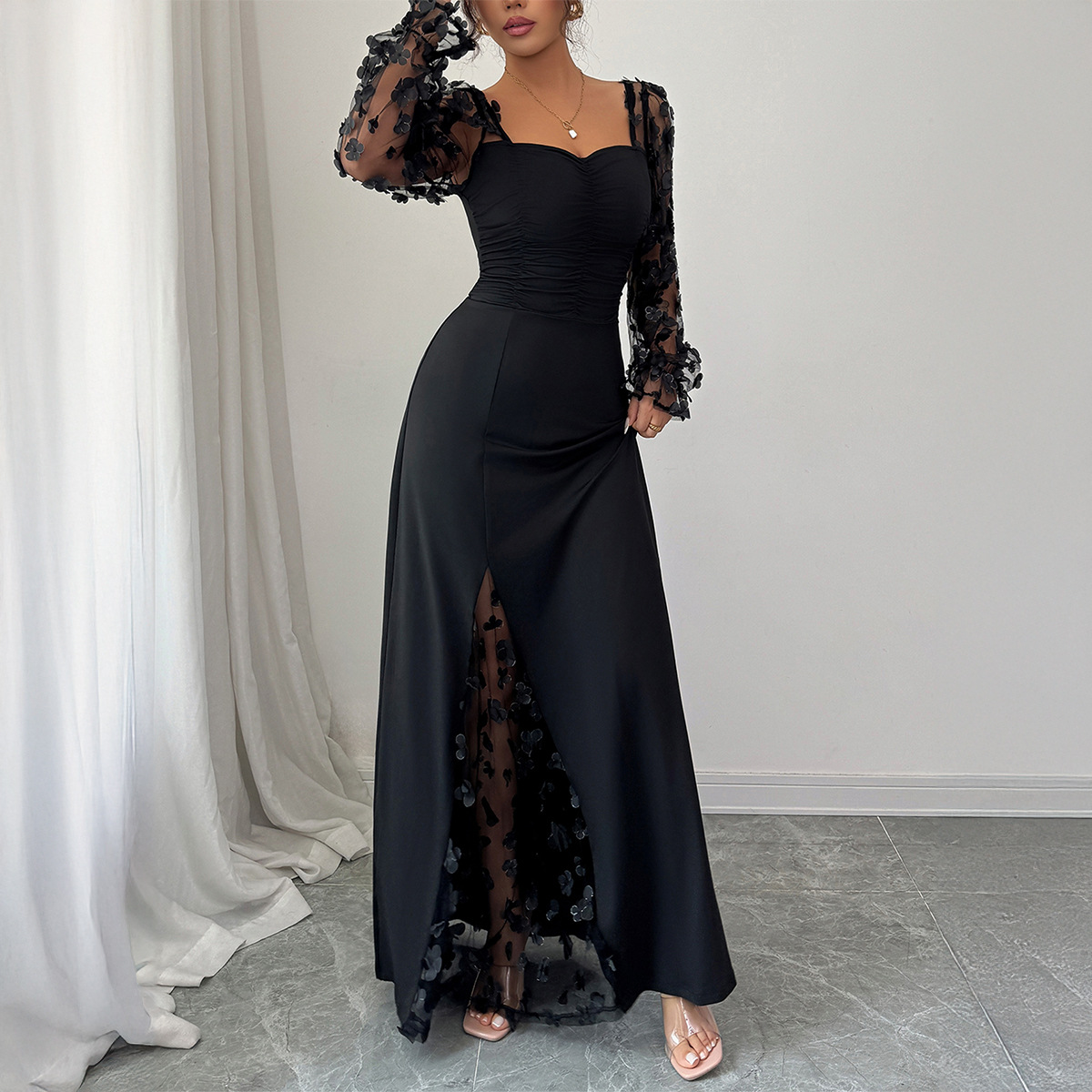 Elegant Hollow Out Long Sleeve Long Dress for Women