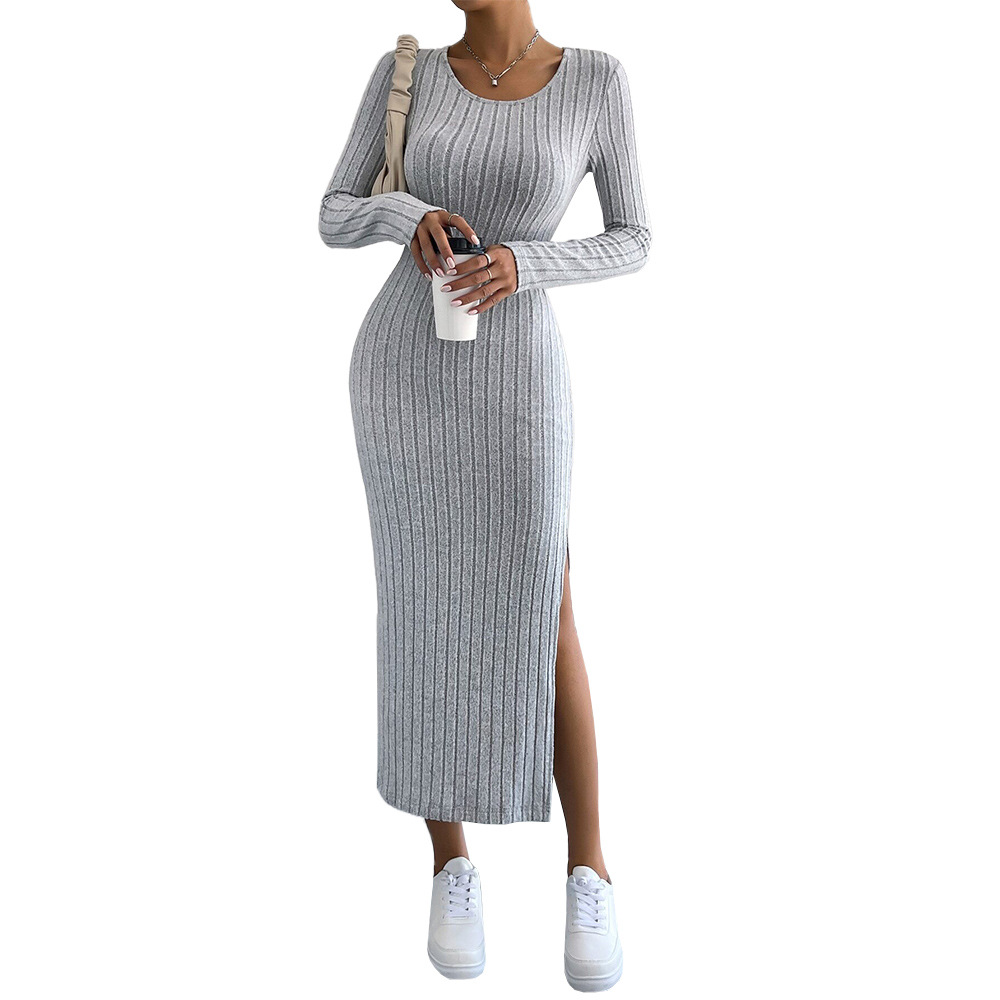 Cross border European and American Women's Commuter Simple Style Dress Autumn Winter Slim Fit Split Bodycon Midi Dress