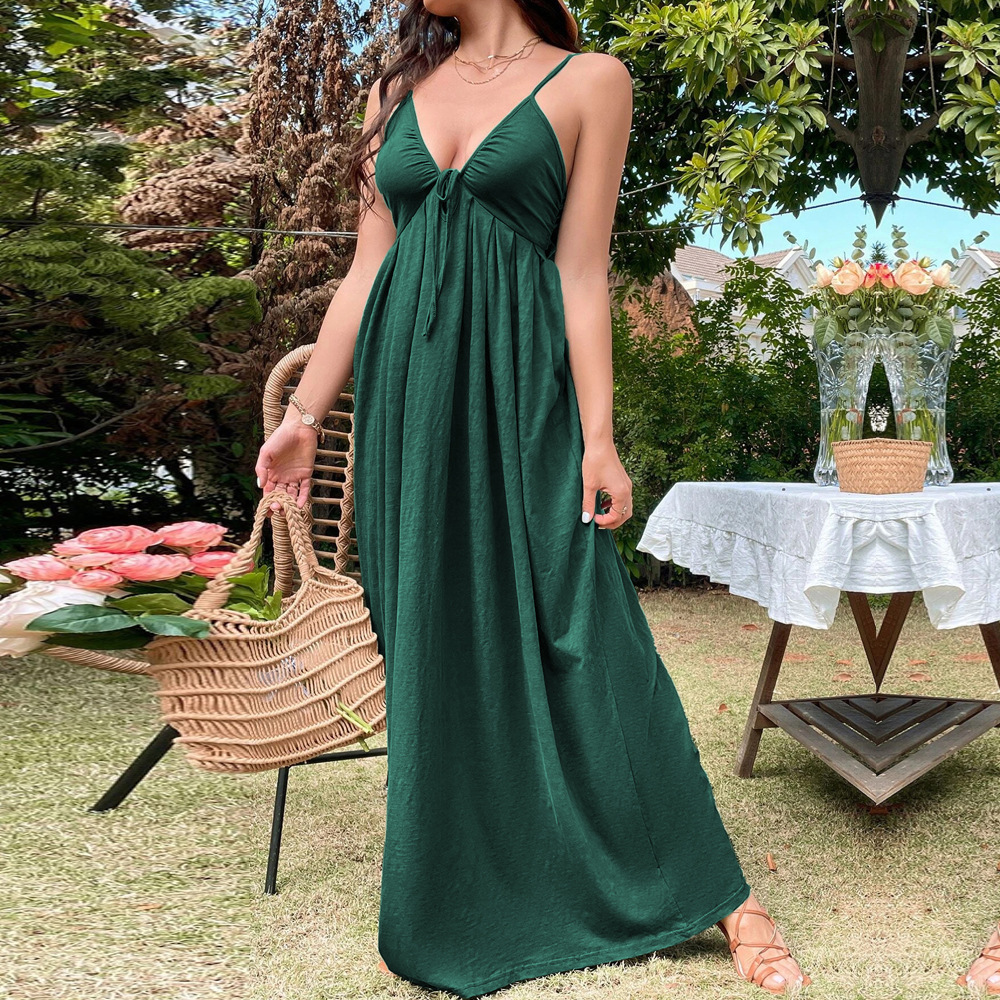 New European and American Style Vacation Beach Long Dress Sexy Backless Waist Slim A line Strap Dress