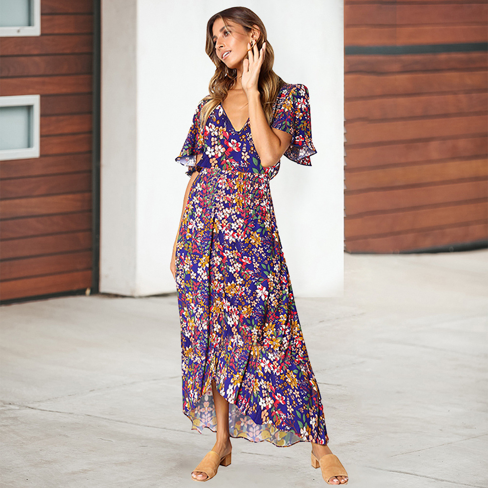 Fashionable Womens Maxi Dress Short Sleeve V Neck Floral Print High Waist Perfect for Summer Events Wholesale