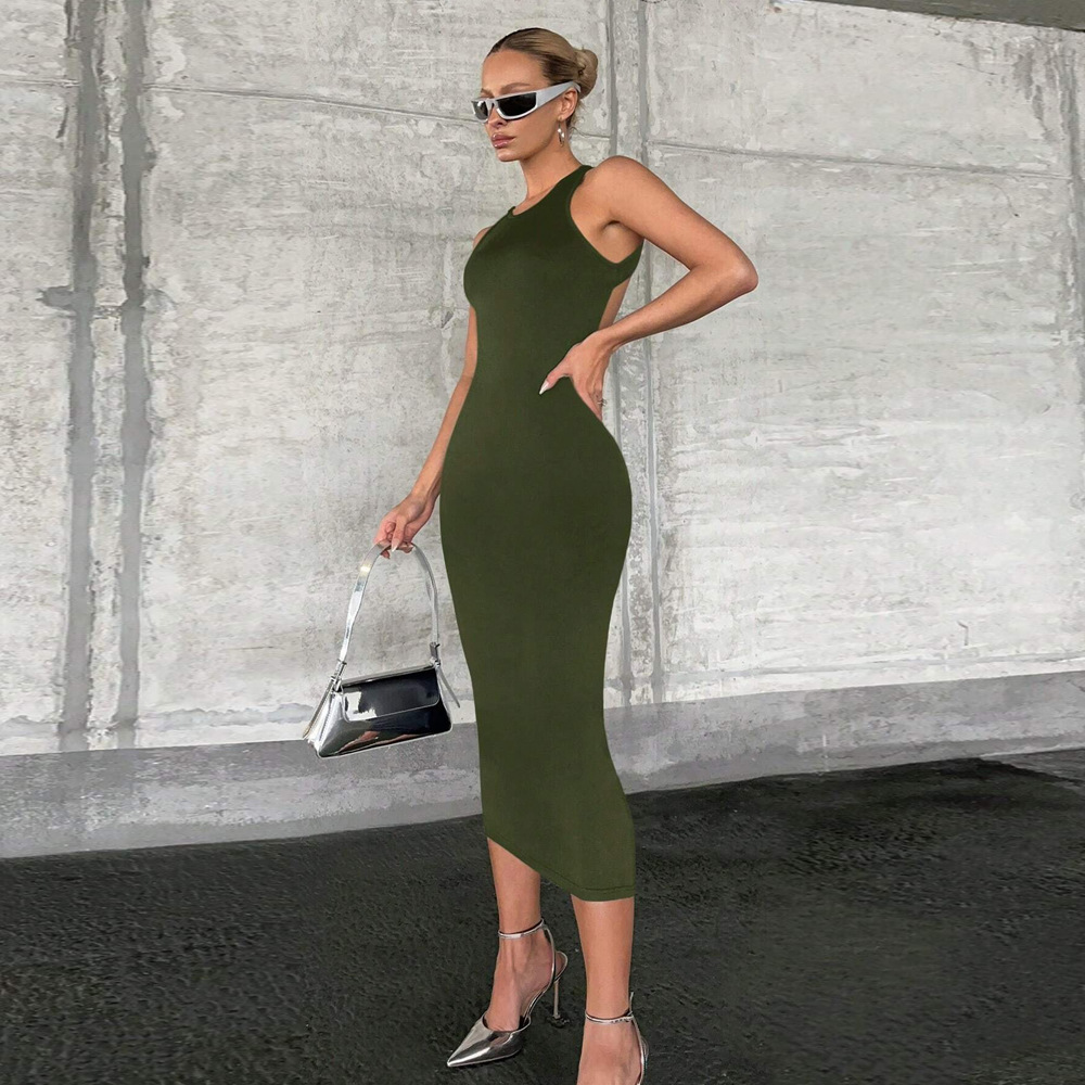 Cross border Women's Dress Spring Summer Solid Color Slim Sexy Hollow Vest Dress