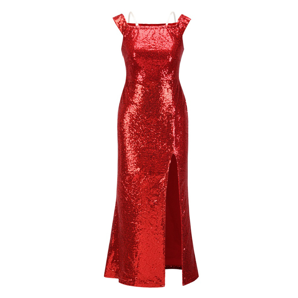 Off Shoulder Sequin Dress Elegant Solid Color Sleeveless Evening Gown Perfect for Parties and Special Occasions
