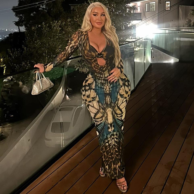 European and American Cross border Autumn New Women's Fashion Ring Buckle Splicing Long Sleeve Low Neck Bodycon Split Dress