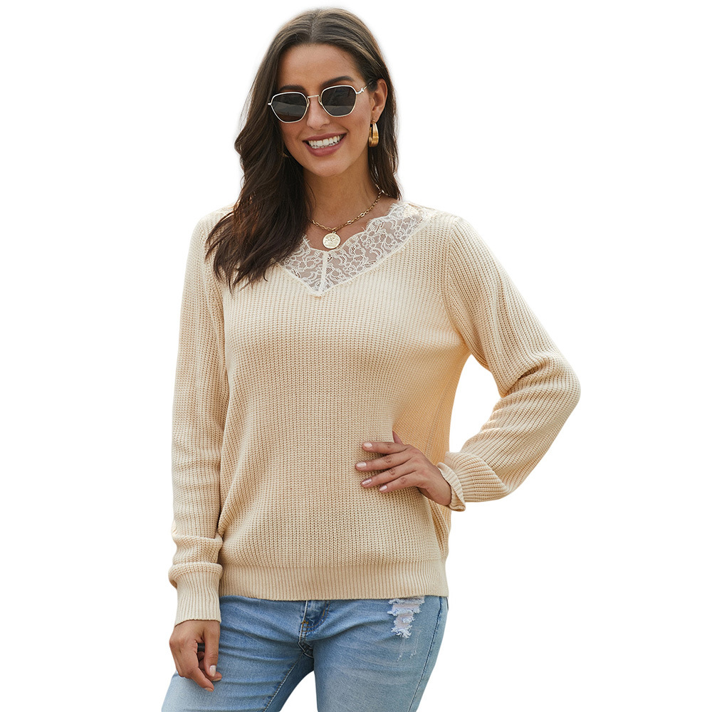 Womens Ribbed Knit Sweater V Neck Long Sleeve Lace Trim Autumn Winter Fashion Wholesale Available