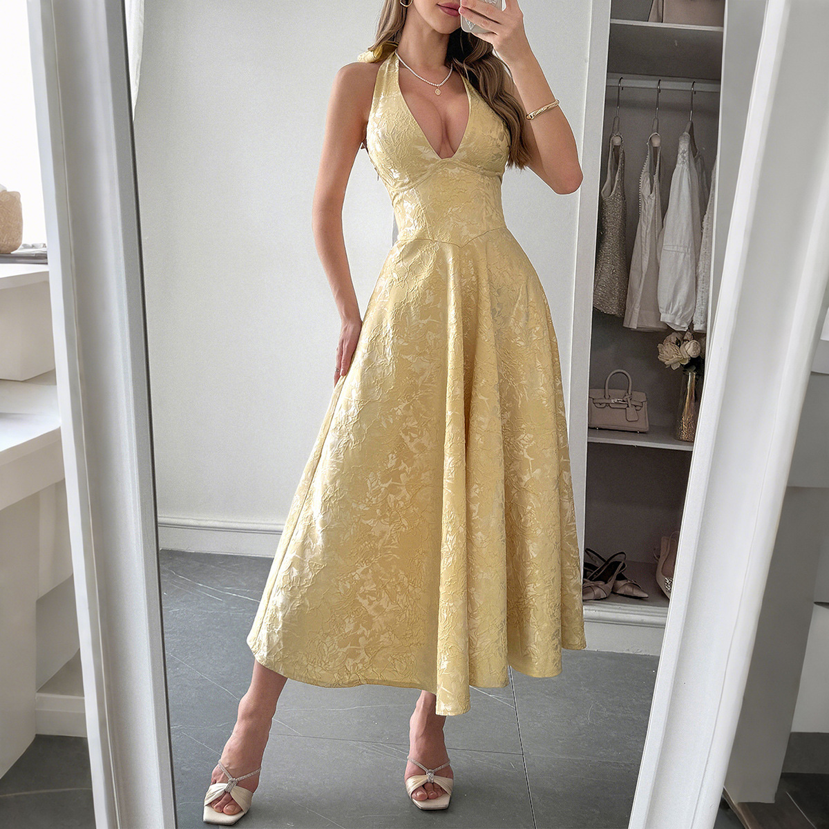 Di Yun European and American Elegant Evening Dress with Neck Hanging, Waist Waist, Long Dress, Women's Wear, Spring Summer Indep