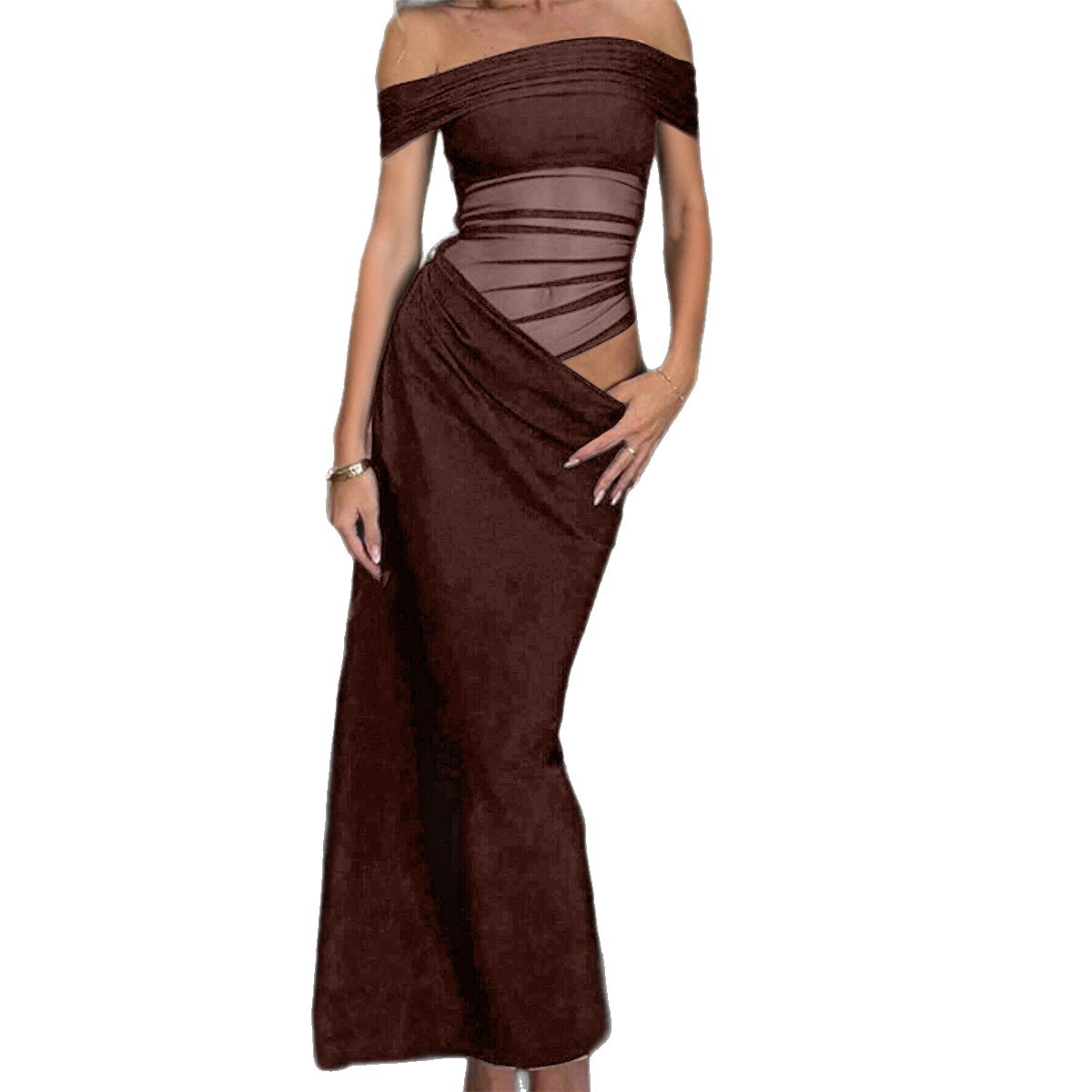 Elegant Strapless Solid Color Bodycon Long Dress for Women Autumn Winter
