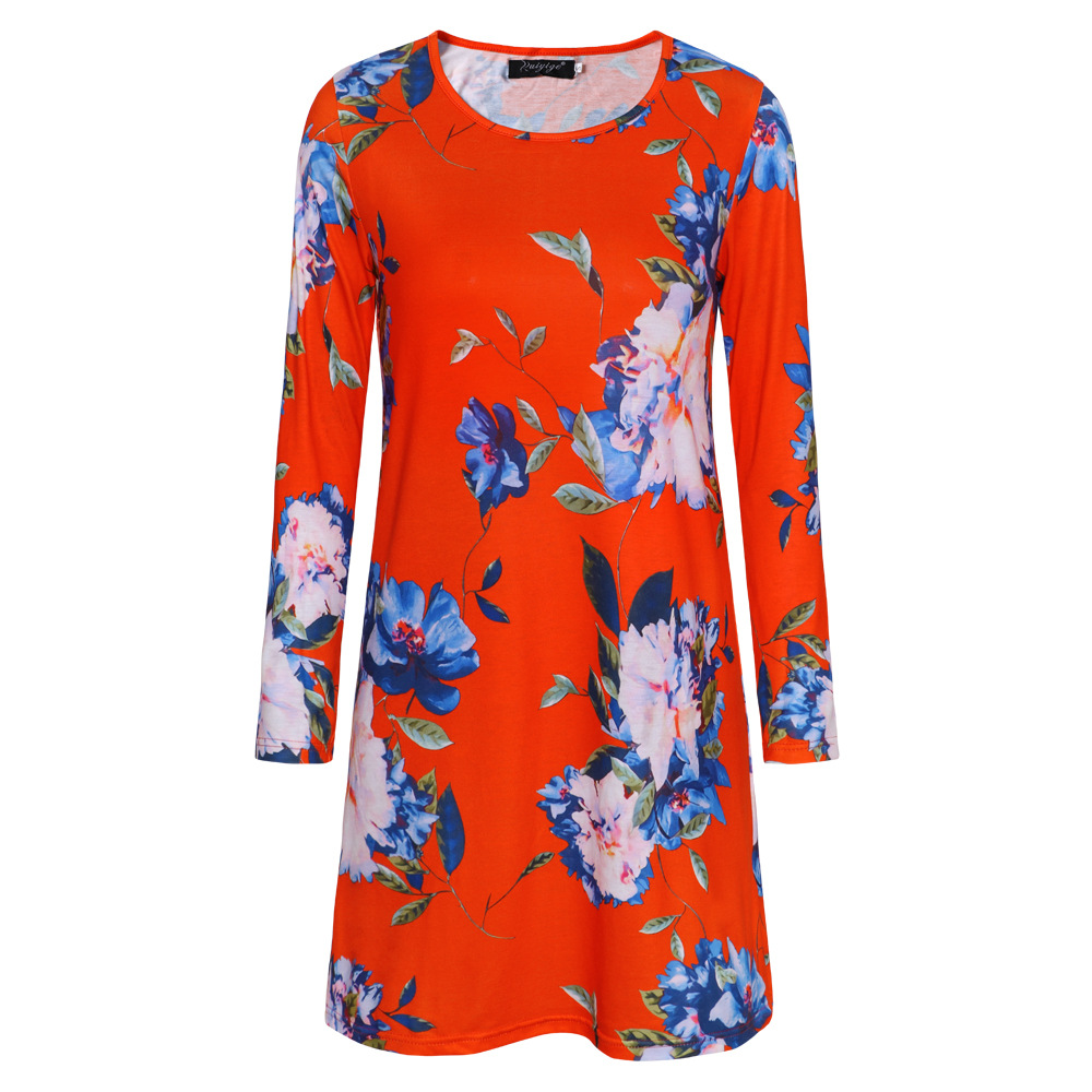 Womens Floral Print Long Sleeve Dress Round Neck Short Skirt Autumn Winter Fashion Wholesale Available
