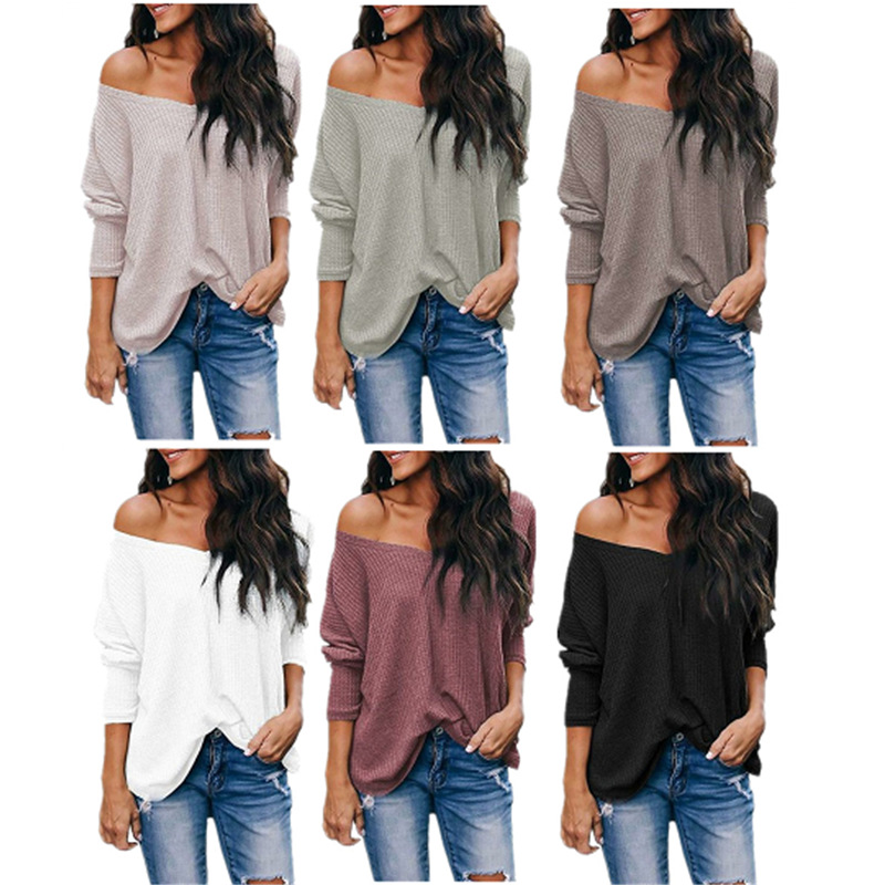 V Neck Off Shoulder Loose Long Sleeve T Shirt Autumn Style Comfortable Fabric Versatile Wear Wholesale Available