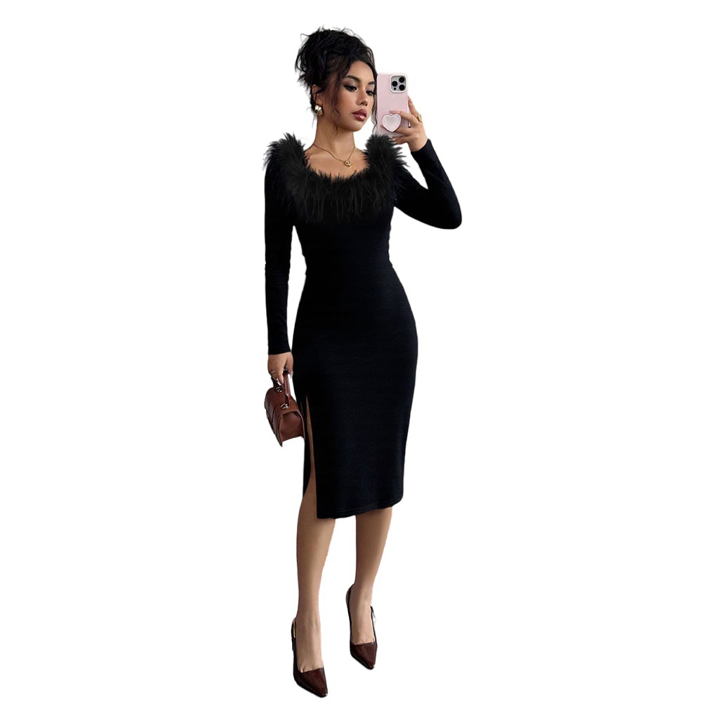 Black Plush Collar Long Dress for Women Slim Fit Side Slit Elegant Design Perfect for Autumn and Winter Evening