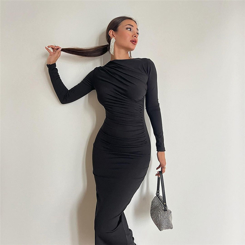 European and American Style Spring Summer New Women's Fashion Round Neck Long Sleeve Slim Fit Solid Color Bodycon Dress