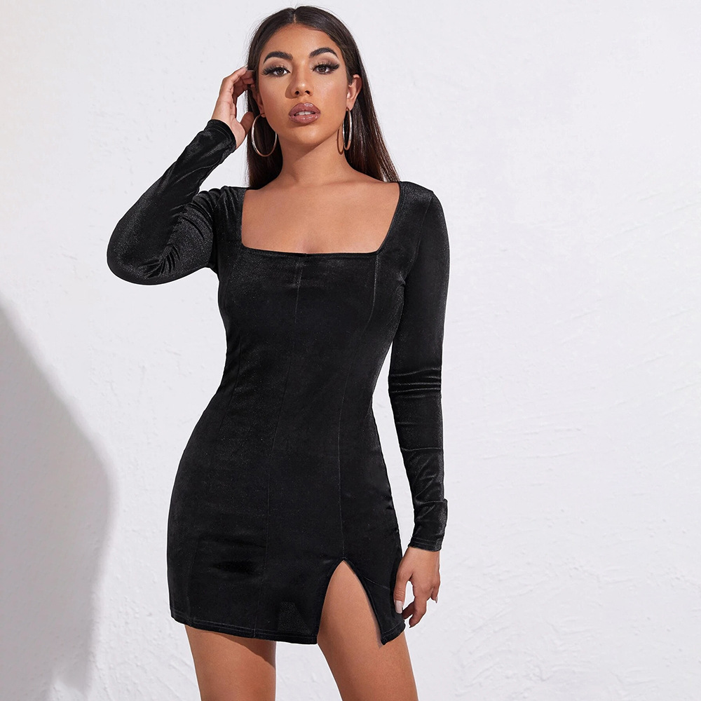 New European and American Style Sexy Split Square Neck Elegant Bodycon Velvet Long Sleeve French Dress