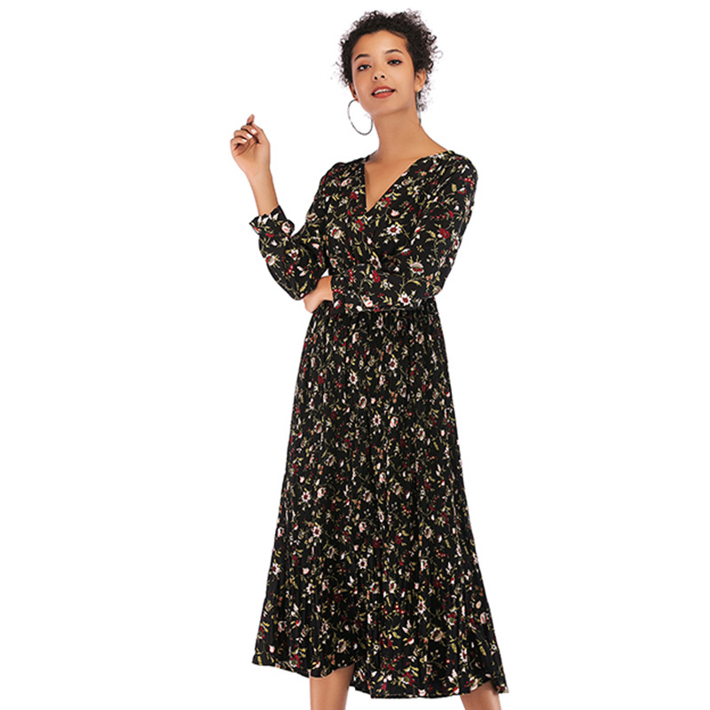 Floral Chiffon Maxi Dress Long Sleeve Casual Style Elegant Design Perfect for Spring Occasions Wholesale Available