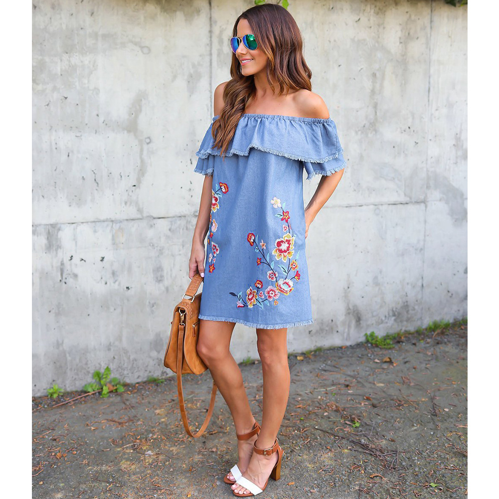 Embroidered Denim Dress Loose Fit Off Shoulder Ruffle Sleeve Spring Fashion Casual Wear Wholesale Available