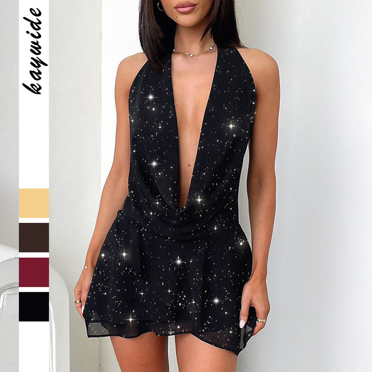 Elegant Women's Halter Solid Color Short Dress for Autumn and Winter