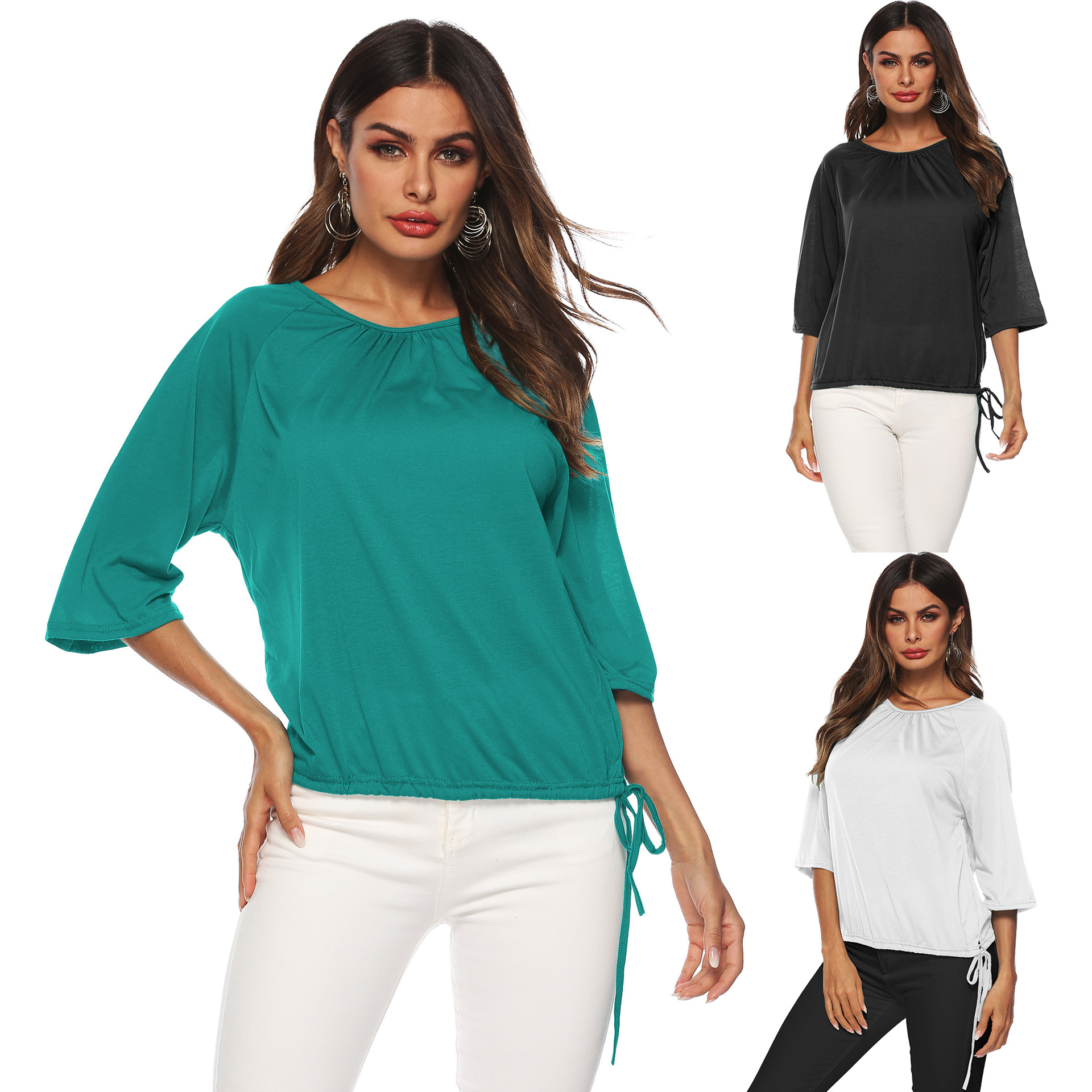 Womens Loose Fit Solid Color Round Neck T Shirt Three Quarter Sleeve Casual Wear Wholesale Available