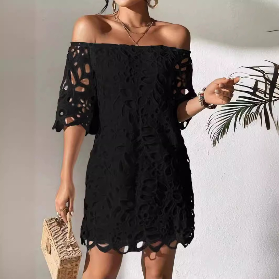 New European and American Cross Border Trade Commuter Style Solid Color Strapless One Shoulder Hollow Lace Dress Short Skirt for