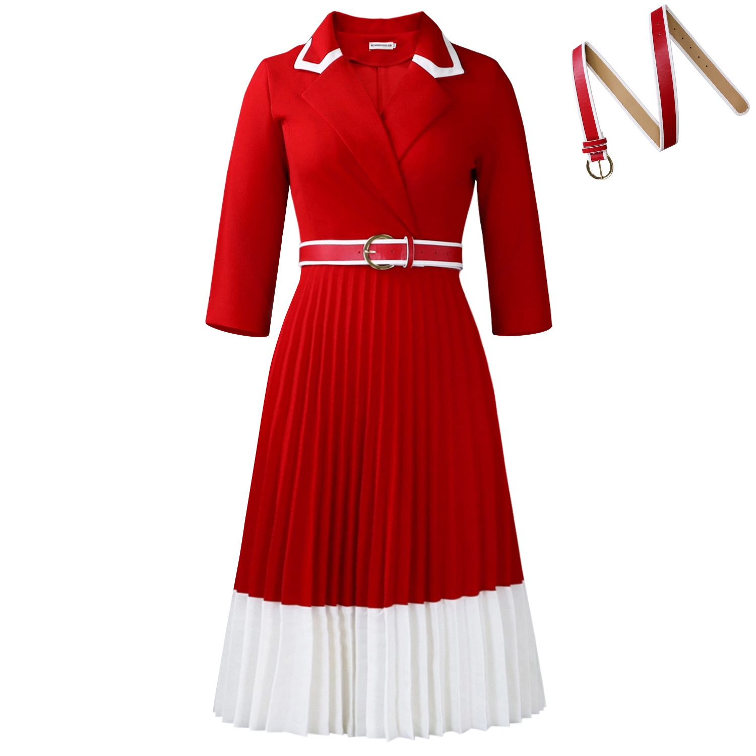 Autumn Winter Women's Solid Color Long Sleeve Color Block Pleated A Line Dress, Fashionable Casual Dress for Cross Border Trad