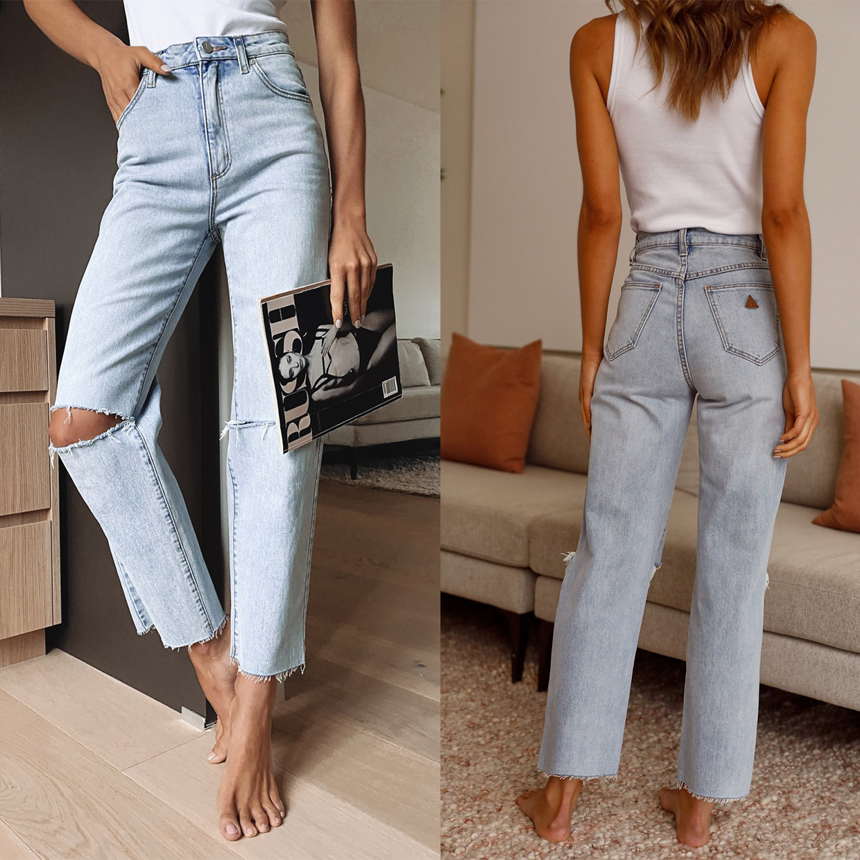 High Waisted Ripped Straight Leg Jeans Light Color Casual Style Suitable for Autumn and Winter Wholesale Available