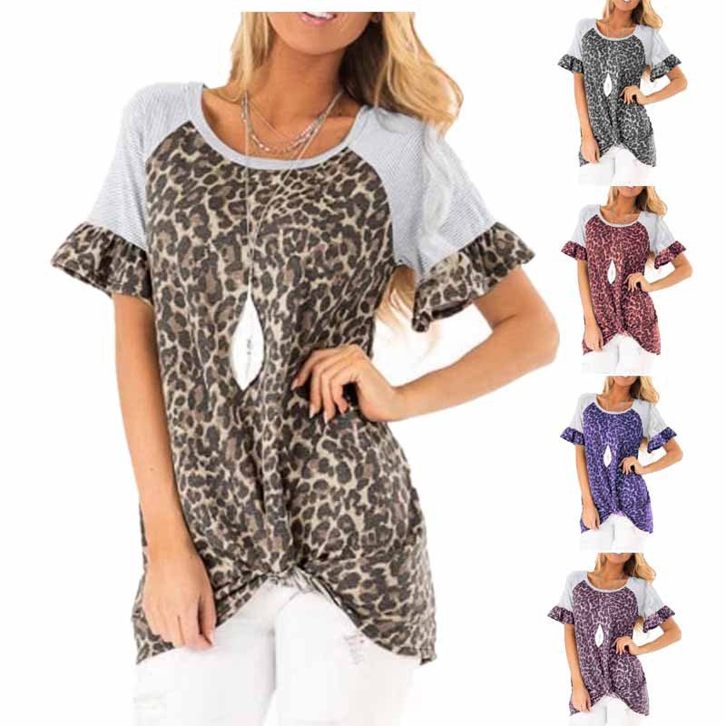 Womens Leopard Print Short Sleeve T Shirt Round Neck Flared Sleeves Casual Style Perfect for Spring Summer