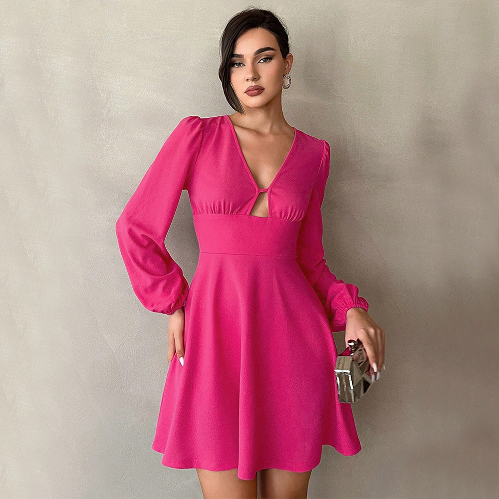 Autumn Winter New Waist Slimming V neck Puff Sleeve A line Mini Dress