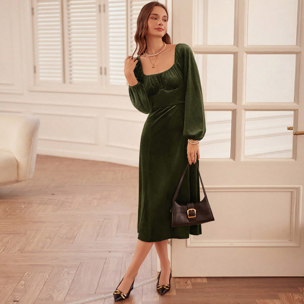 Autumn and Winter New French Retro Slim Fit Square Neck A line Dress Long Sleeve Velvet Dress