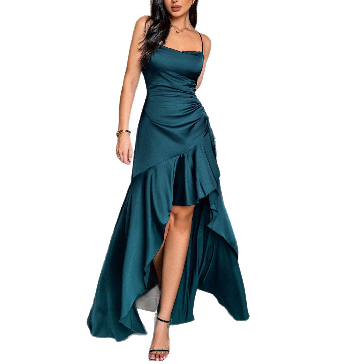 Elegant Solid Color Long Strap Dress for Women Autumn Winter