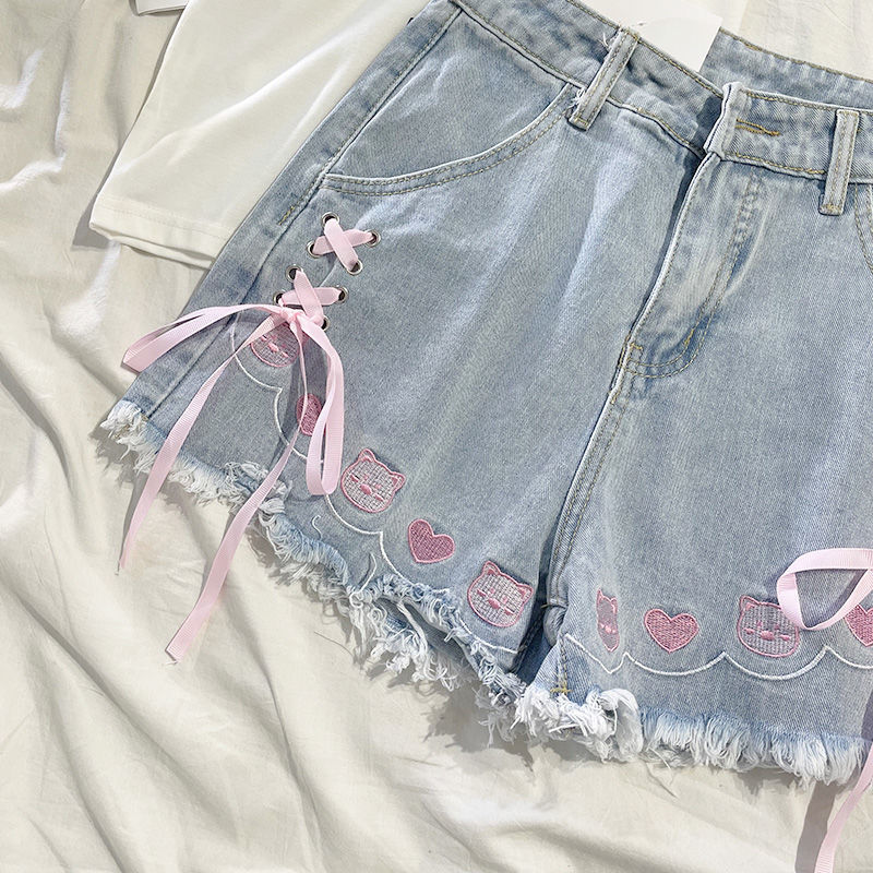 Japanese Style High Waisted Denim Shorts Blue Embroidered Frayed Hem Cute Loose Fit Summer Casual Wear
