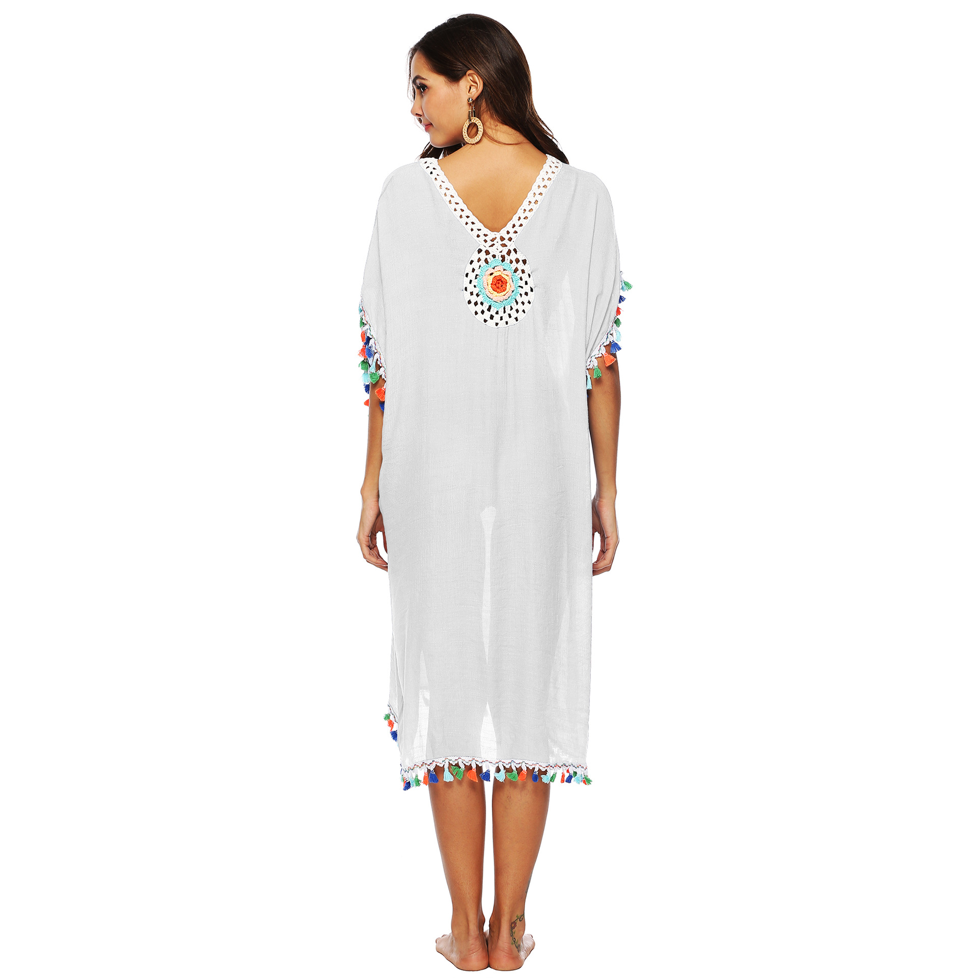Colorful Tassel Beach Cover Up Dress Hand Crocheted Floral Patchwork Loose Fit Deep V Neck Wholesale Available
